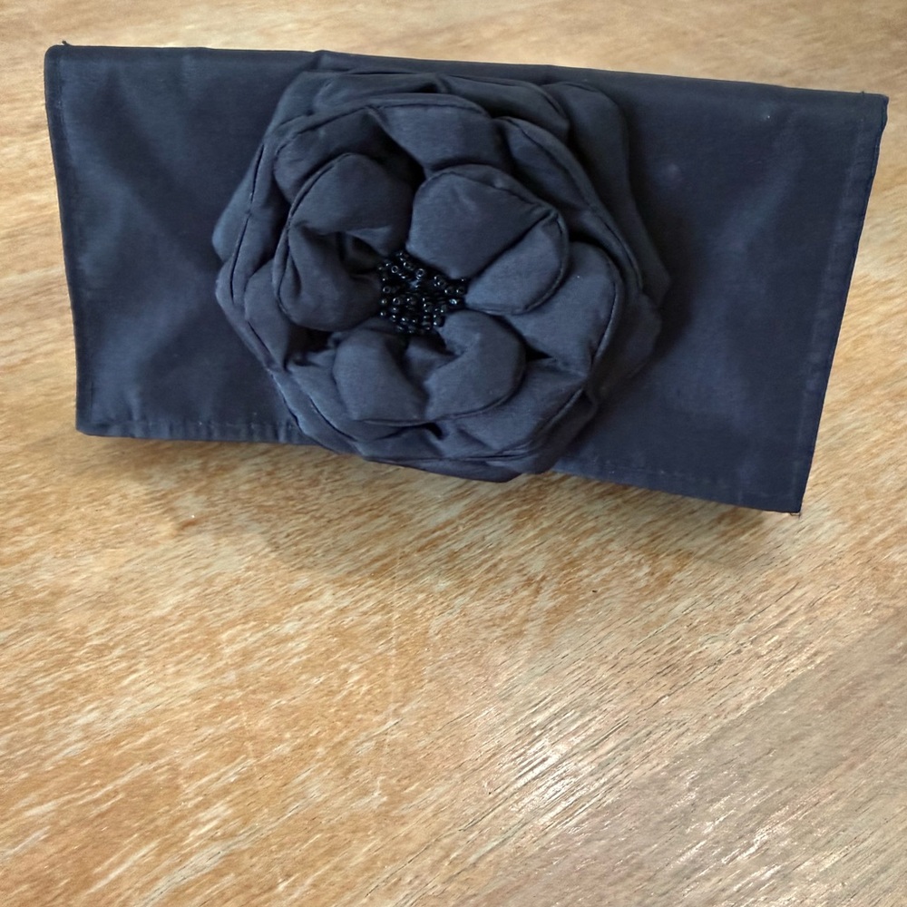 Black Silk Handbag Taffeta Handcrafted by Mad Silk flower with beads 8" x 4"
